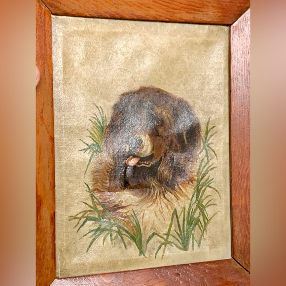 Antique Rustic Wooden Framed Oil on Canvas Portrait of Dog - Picture 10 of 11